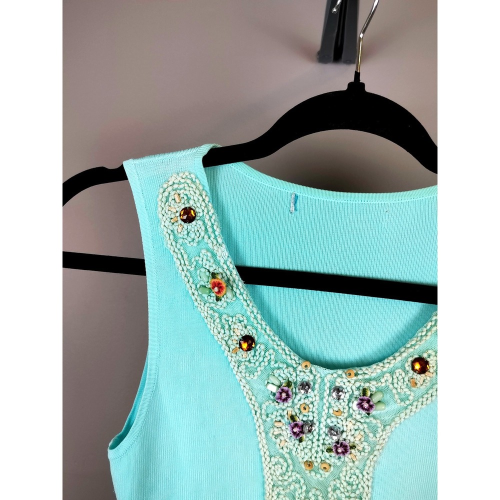 Vintage Silk Blend Crochet Embroidered Beaded Ribbed Knit Tank Top Womens Aqua - Picture 3 of 9